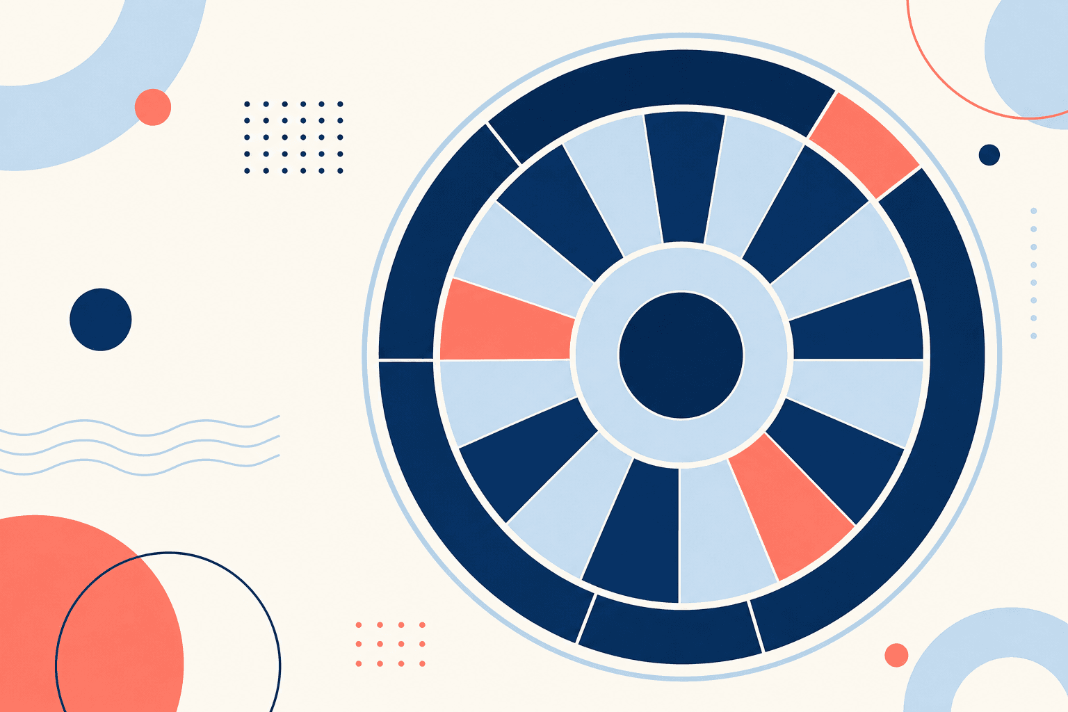 Abstract roulette wheel geometry in navy and coral